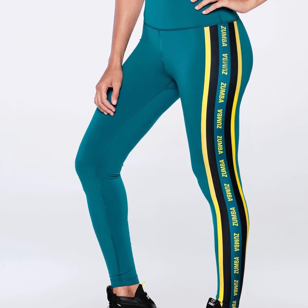 Zumba Fitness Teal Leggings with Yellow and Black Side Stripes